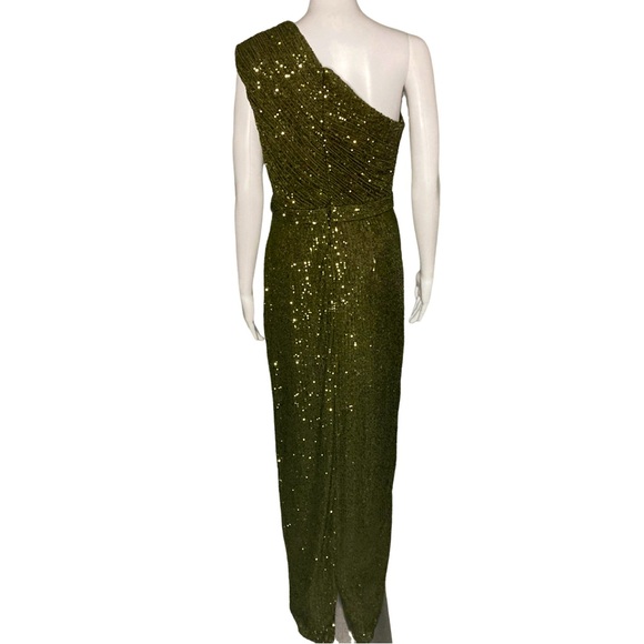 NWT Ieena for Mac Duggal 26694 Olive Sequined Ruched One Shoulder Gown - Sz 8 - Picture 7 of 12